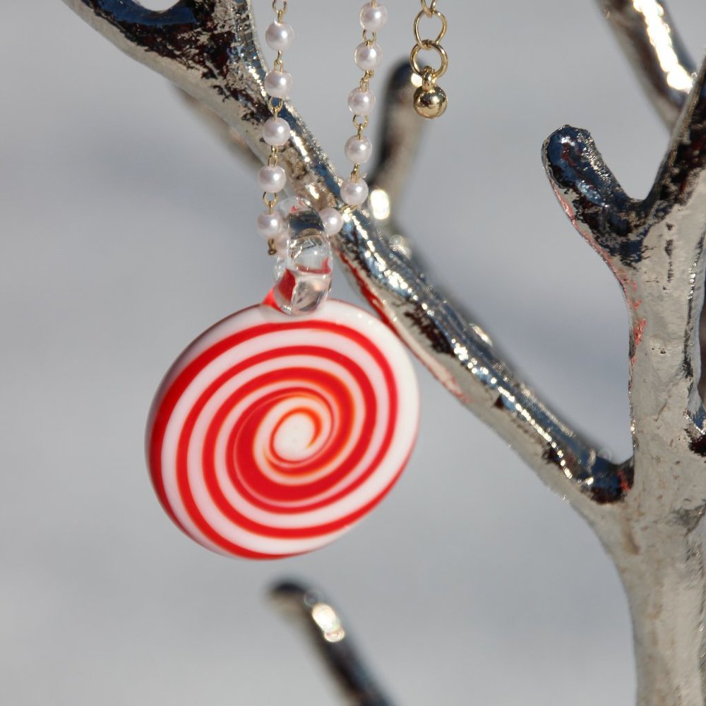 Christmas candy cane glass pendant on pearl chain handmade